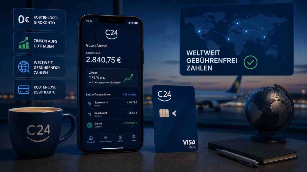 C24 Girokonto kostenlos mit Zinsen aufs Guthaben weltweit gebührenfrei zahlen