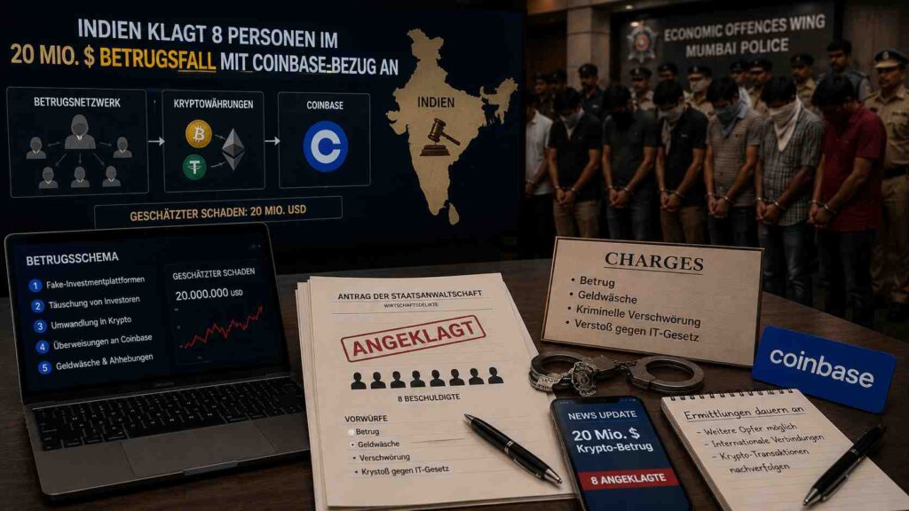 Indien klagt 8 Personen im 20-Mio.-Dollar-Betrugsfall mit Coinbase-Bezug an