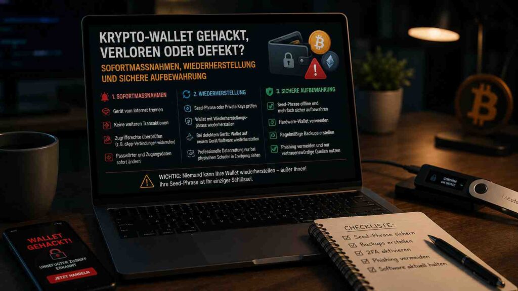 Krypto-Wallet gehackt verloren oder defekt Sofortmaßnahmen Wiederherstellung sichere Aufbewahrung