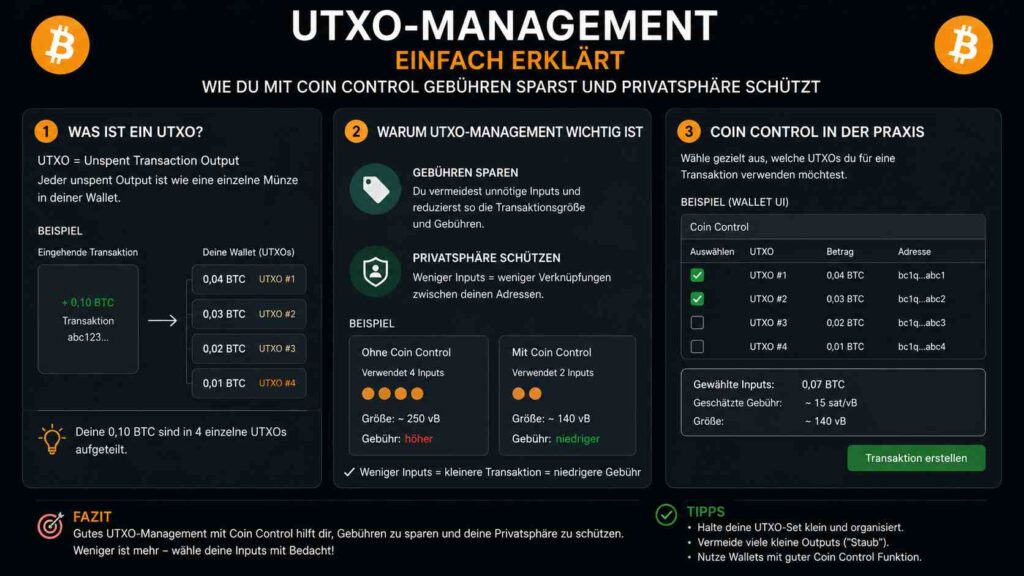 UTXO-Management einfach erklärt: Wie du mit Coin Control Gebühren sparst und Privatsphäre schützt