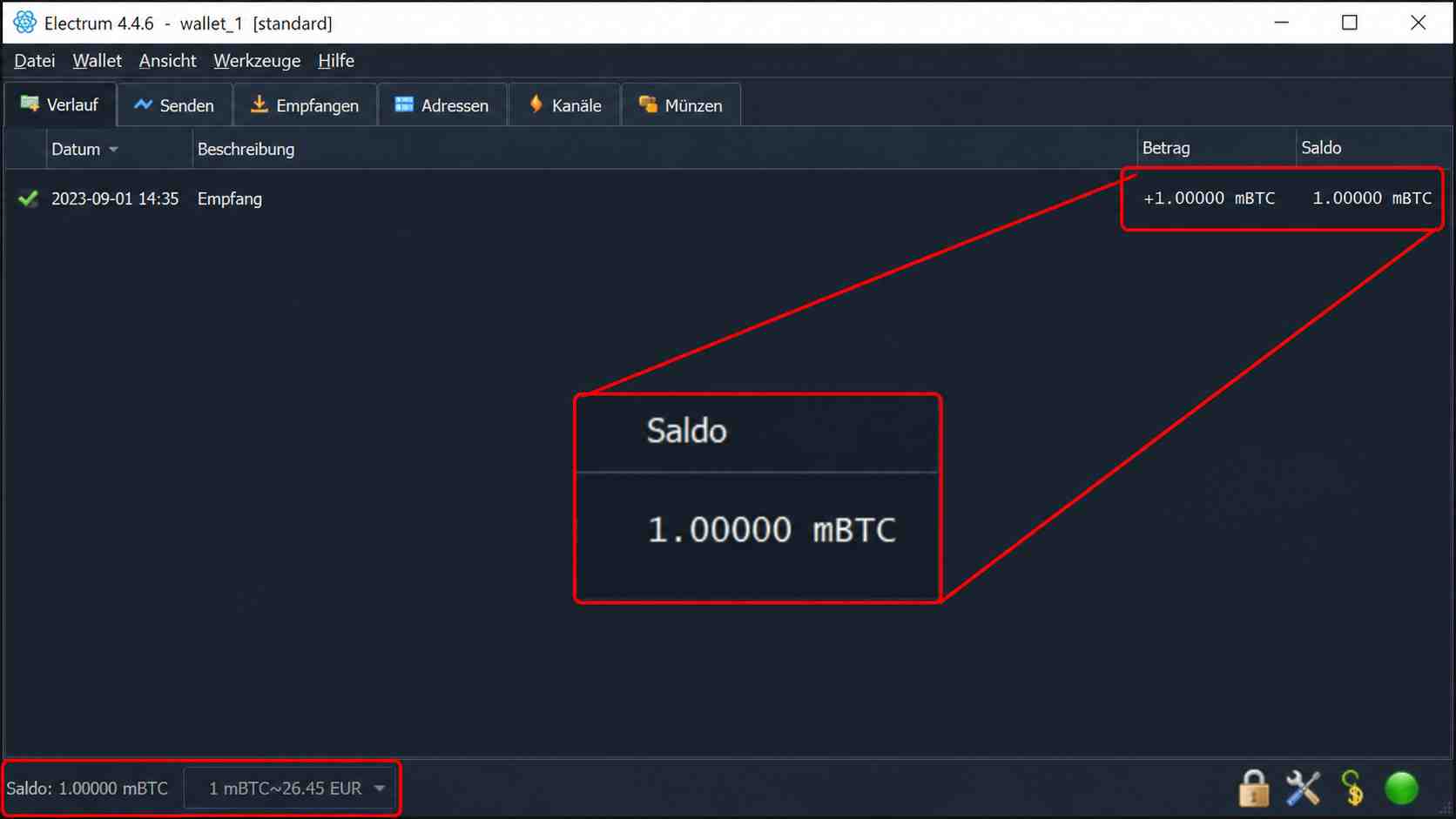 Illustration zur Verwechslung einer Zahlung von 1 BTC mit einer Anzeige von 1 mBTC