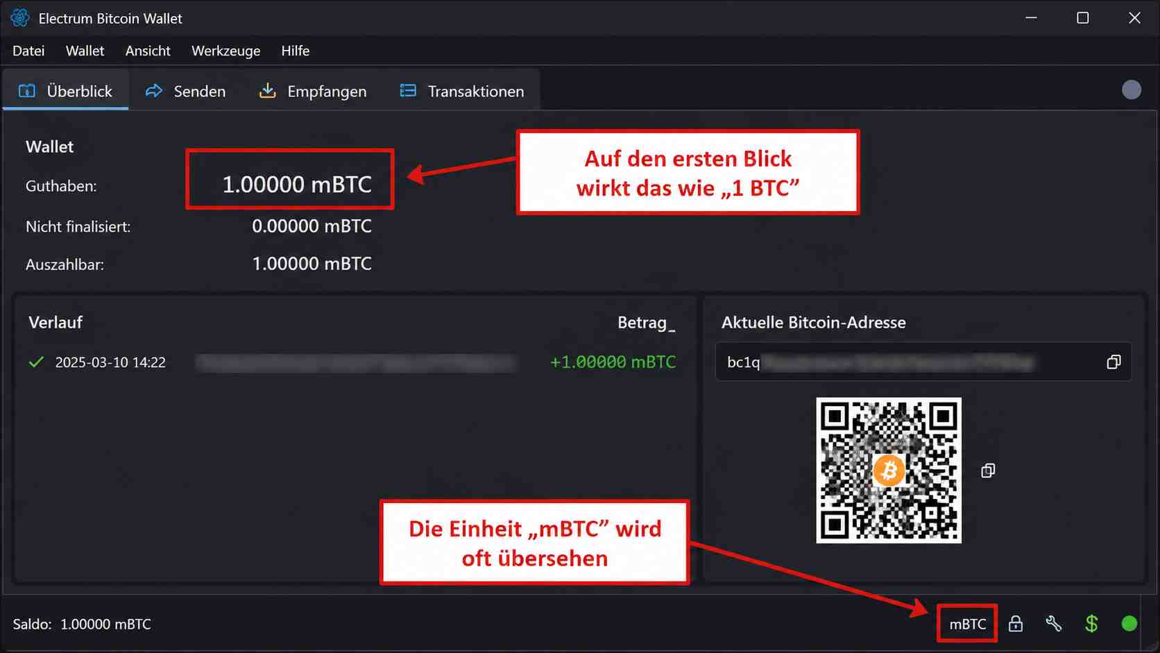Illustrative Electrum-Wallet mit 1.00000 mBTC und hervorgehobener Einheit mBTC