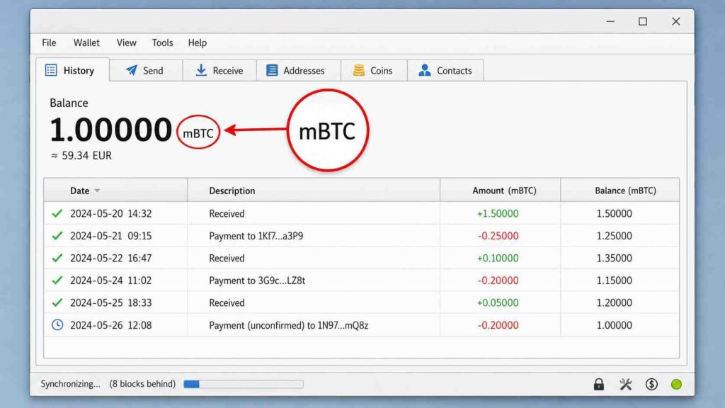 Auf der Wallet steht „1“ – angekommen ist aber nur ein Tausendstel Bitcoin