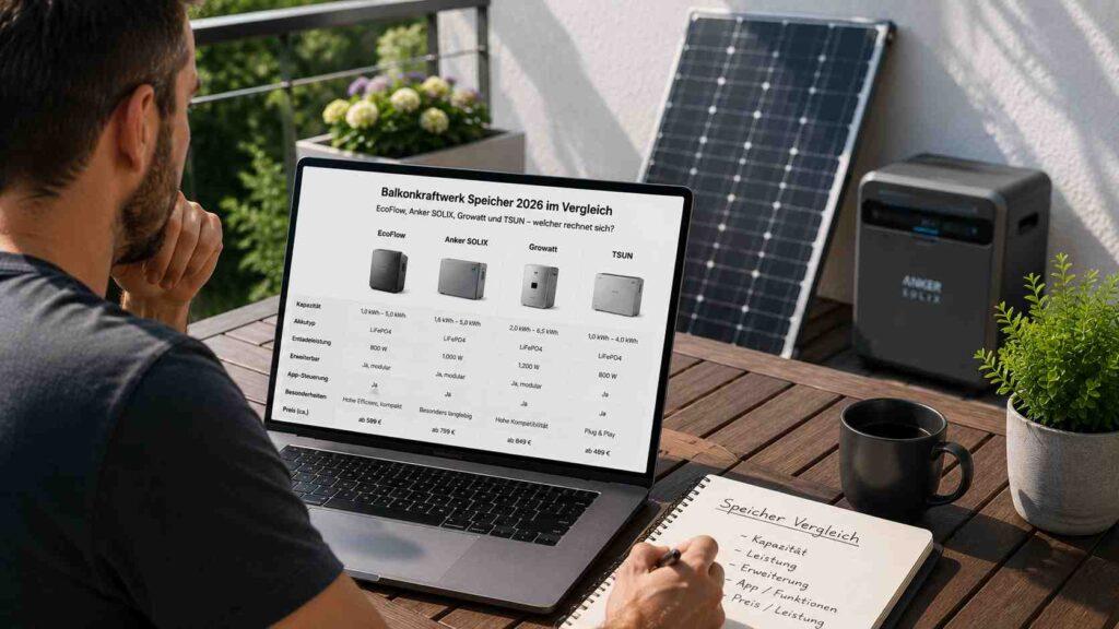 Balkonkraftwerk-Speicher 2026 im Vergleich: EcoFlow, Anker SOLIX, Growatt und TSUN – welcher rechnet sich?