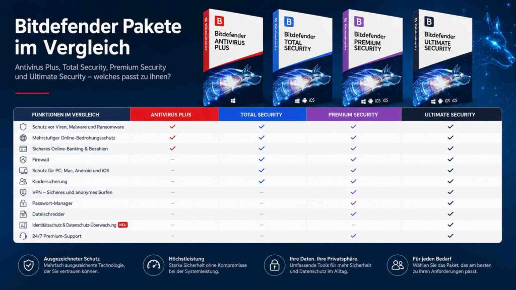 Bitdefender Pakete im Vergleich: Antivirus Plus, Total, Premium & Ultimate Security