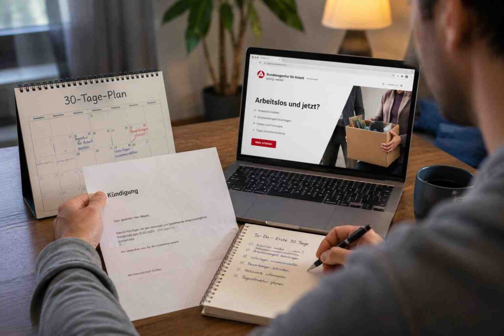 Plötzlich arbeitslos – was jetzt? Der 30-Tage-Notfallplan, der deine Fristen und dein Arbeitslosengeld sichert